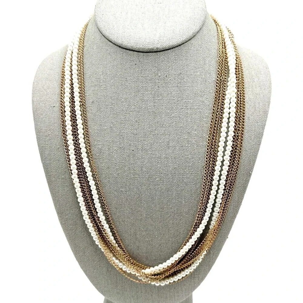 Vintage Multi Strand Statement Necklace Faux Pearl Gold Tone Chains Long 45